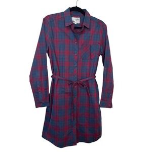 BC Clothing Woman Plaid Shirt Dress Navy Blue Red Long Sleeve Roll Tab Medium